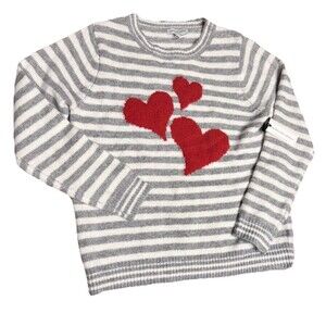 NWT Cupcakes and Cashmere Women's Medium Gray White Striped Red Heart Sweater